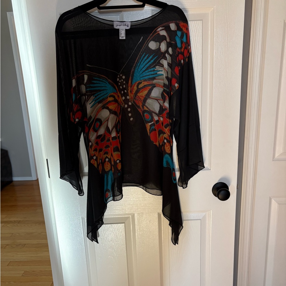 Joseph Ribkoff Black Sheer Top with Colorful Butterfly